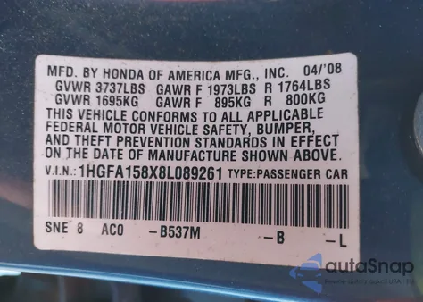 2008 Honda Civic Ex из США, поврежденный, VIN 1HGFA158X8L089261